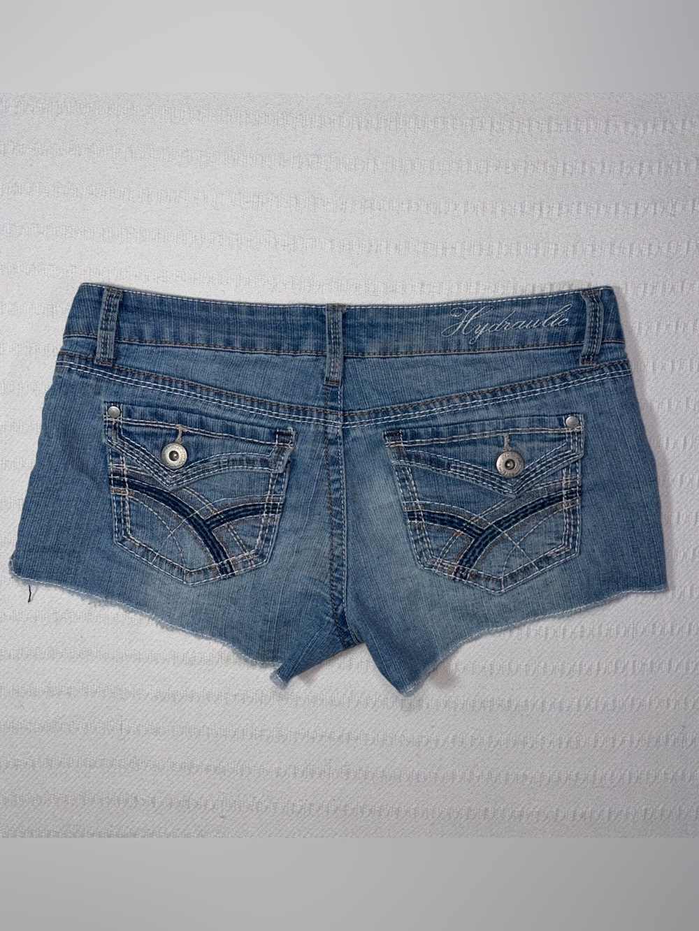 Vintage Hydraulic Y2K Low Rise Micro Mini Denim Shorts Distressed Size 6 2000s